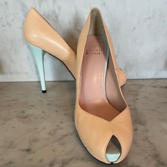 STUART WEITZMAN Victoria Peep Toe 5" Stiletto Pump Nude 8M - Picture 1 of 17